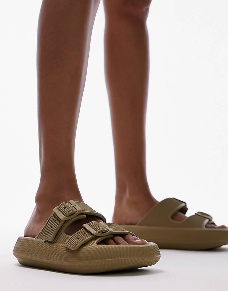 Topshop Pop buckle slides in khaki